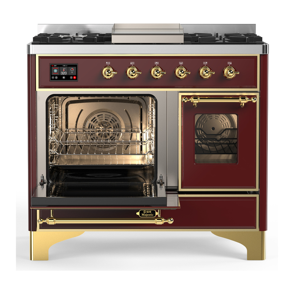 ILVE UMD40FNR3BUGLP Majestic III 40 inch Dual Fuel Range with 6 Burners and Griddle, Dual Function Burner up to 25,000 BTU (Liquid Propane, Triple Glass Door, Burgundy, Brass) 3 ILVE-UMD40FNR3BUGLP-Primary Oven Open View