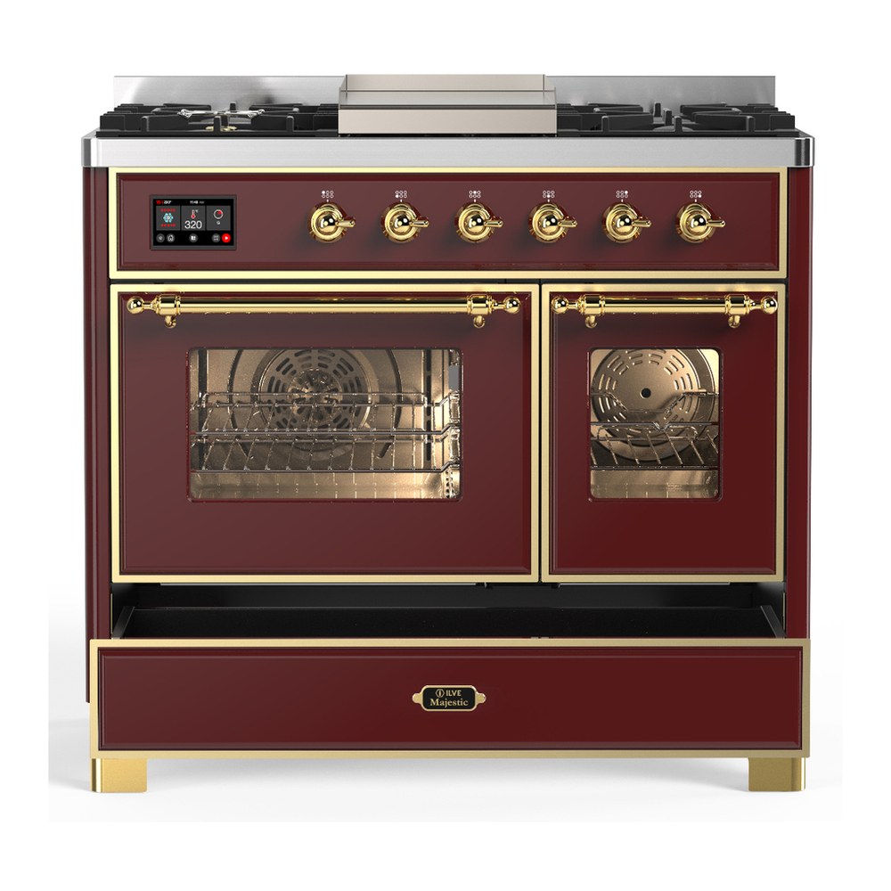 ILVE UMD40FNR3BUGLP Majestic III 40 inch Dual Fuel Range with 6 Burners and Griddle, Dual Function Burner up to 25,000 BTU (Liquid Propane, Triple Glass Door, Burgundy, Brass) 5 ILVE-UMD40FNR3BUGLP-Drawer Open View