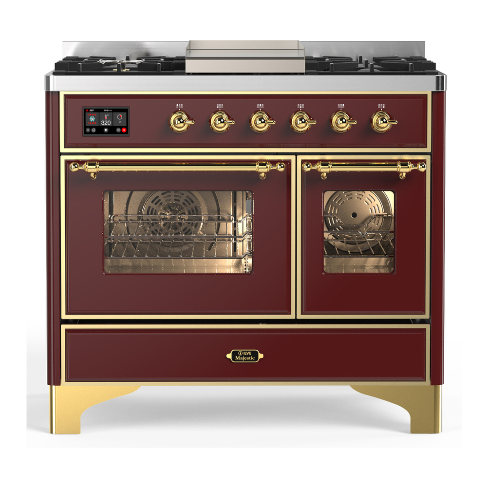 ILVE UMD40FNR3BUG Majestic III 40 inch Dual Fuel Range with 6 Burners and Griddle, Dual Function Burner up to 25,000 BTU (Natural Gas, Triple Glass Door, Burgundy, Brass) 1 UMD40FNR3BUG