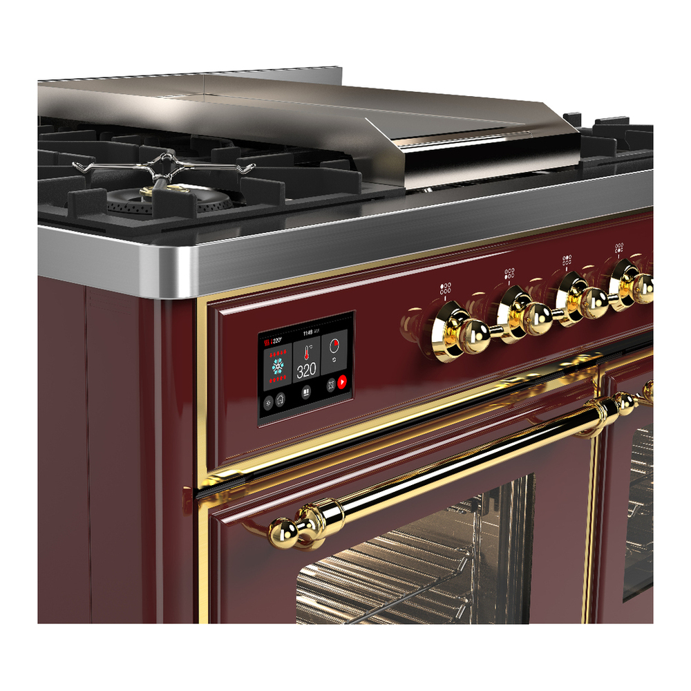 ILVE UMD40FNR3BUG Majestic III 40 inch Dual Fuel Range with 6 Burners and Griddle, Dual Function Burner up to 25,000 BTU (Natural Gas, Triple Glass Door, Burgundy, Brass) 7 ILVE-UMD40FNR3BUG-Control Knobs View