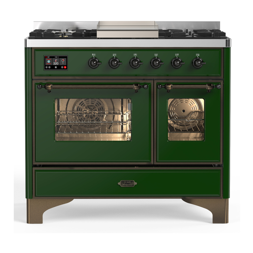 ILVE UMD40FNR3EGBLP Majestic III 40 inch Dual Fuel Range with 6 Burners and Griddle, Dual Function Burner up to 25,000 BTU (Liquid Propane, Triple Glass Door, Emerald Green, Burnished) 1 UMD40FNR3EGBLP