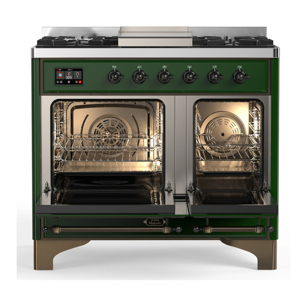ILVE UMD40FNR3EGBLP Majestic III 40 inch Dual Fuel Range with 6 Burners and Griddle, Dual Function Burner up to 25,000 BTU (Liquid Propane, Triple Glass Door, Emerald Green, Burnished) 2 ILVE-UMD40FNR3EGBLP-Double Oven Open View
