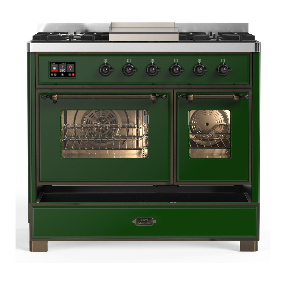 ILVE UMD40FNR3EGB Majestic III 40 inch Dual Fuel Range with 6 Burners and Griddle, Dual Function Burner up to 25,000 BTU (Natural Gas, Triple Glass Door, Emerald Green, Burnished) 5 ILVE-UMD40FNR3EGB-Drawer Open View