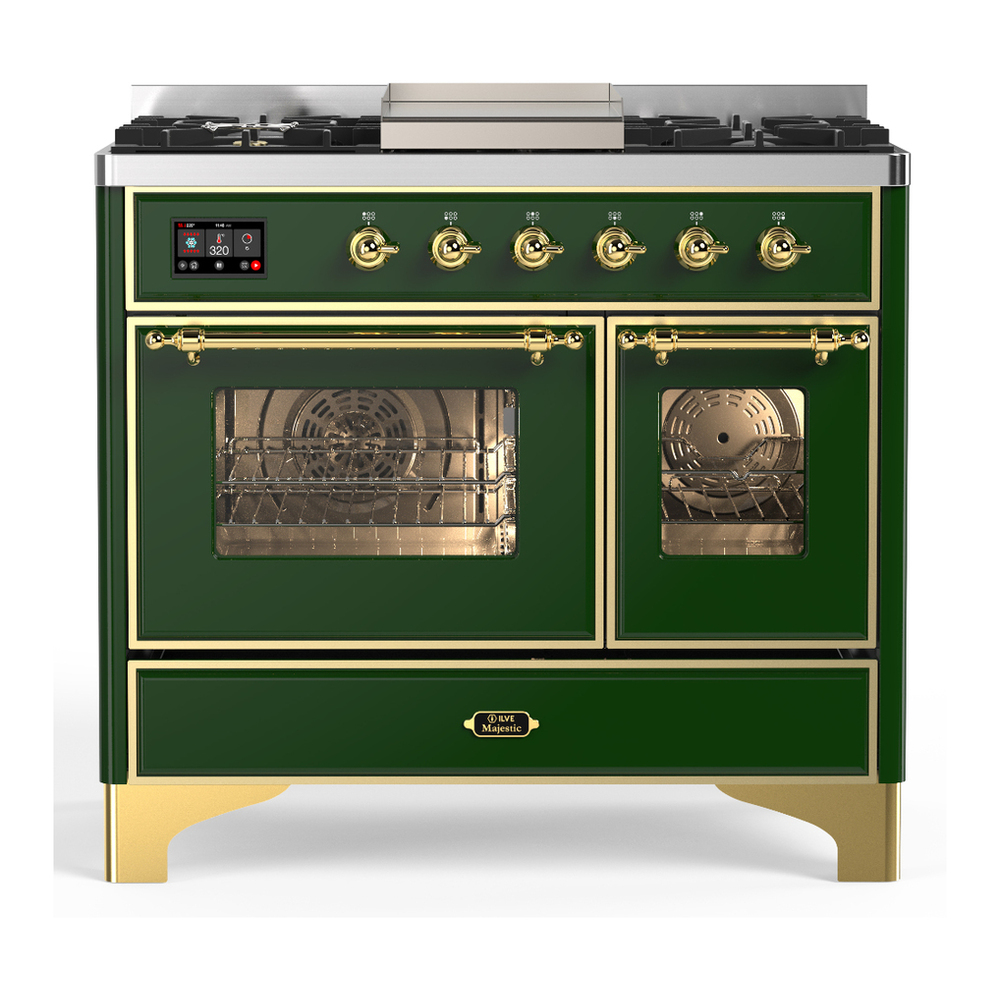 ILVE UMD40FNR3EGGLP Majestic III 40 inch Dual Fuel Range with 6 Burners and Griddle, Dual Function Burner up to 25,000 BTU (Liquid Propane, Triple Glass Door, Emerald Green, Brass) 1 UMD40FNR3EGGLP