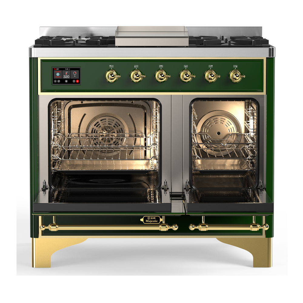 ILVE UMD40FNR3EGGLP Majestic III 40 inch Dual Fuel Range with 6 Burners and Griddle, Dual Function Burner up to 25,000 BTU (Liquid Propane, Triple Glass Door, Emerald Green, Brass) 2 ILVE-UMD40FNR3EGGLP-Double Oven Open View