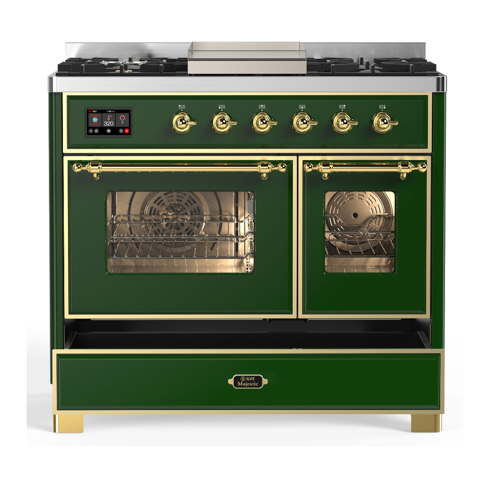 ILVE UMD40FNR3EGGLP Majestic III 40 inch Dual Fuel Range with 6 Burners and Griddle, Dual Function Burner up to 25,000 BTU (Liquid Propane, Triple Glass Door, Emerald Green, Brass) 5 ILVE-UMD40FNR3EGGLP-Drawer Open View