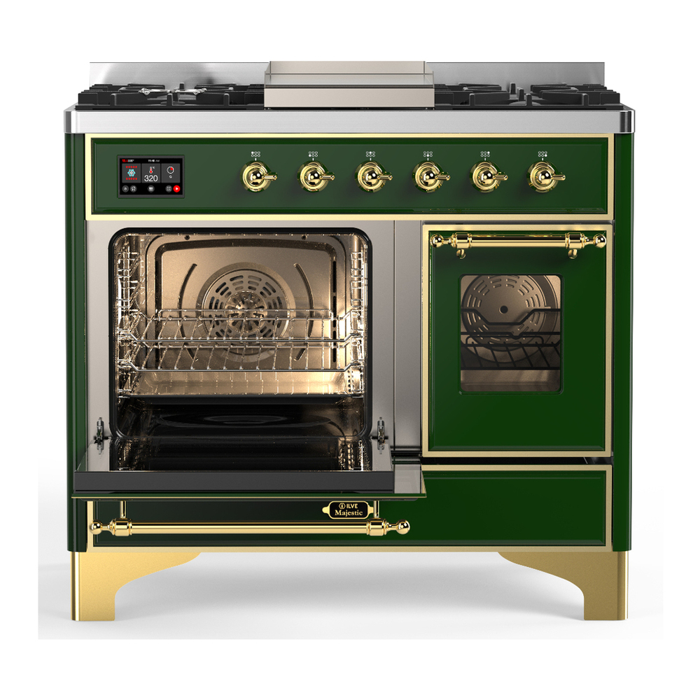 ILVE UMD40FNR3EGG Majestic III 40 inch Dual Fuel Range with 6 Burners and Griddle, Dual Function Burner up to 25,000 BTU (Natural Gas, Triple Glass Door, Emerald Green, Brass) 3 ILVE-UMD40FNR3EGG-Primary Oven Open View