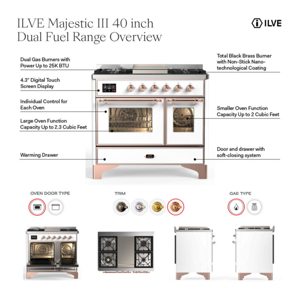 ILVE UMD40FNR3MMGLP Majestic III 40 inch Dual Fuel Range with 6 Burners and Griddle, Dual Function Burner up to 25,000 BTU (Liquid Propane, Triple Glass Door, Mediterranean Mint, Brass) 2 ILVE UMD40F Majestic III 40 inch Dual Fuel Range with 6 Burners and Griddle, Dual Function Burner up to 25,000 BTU