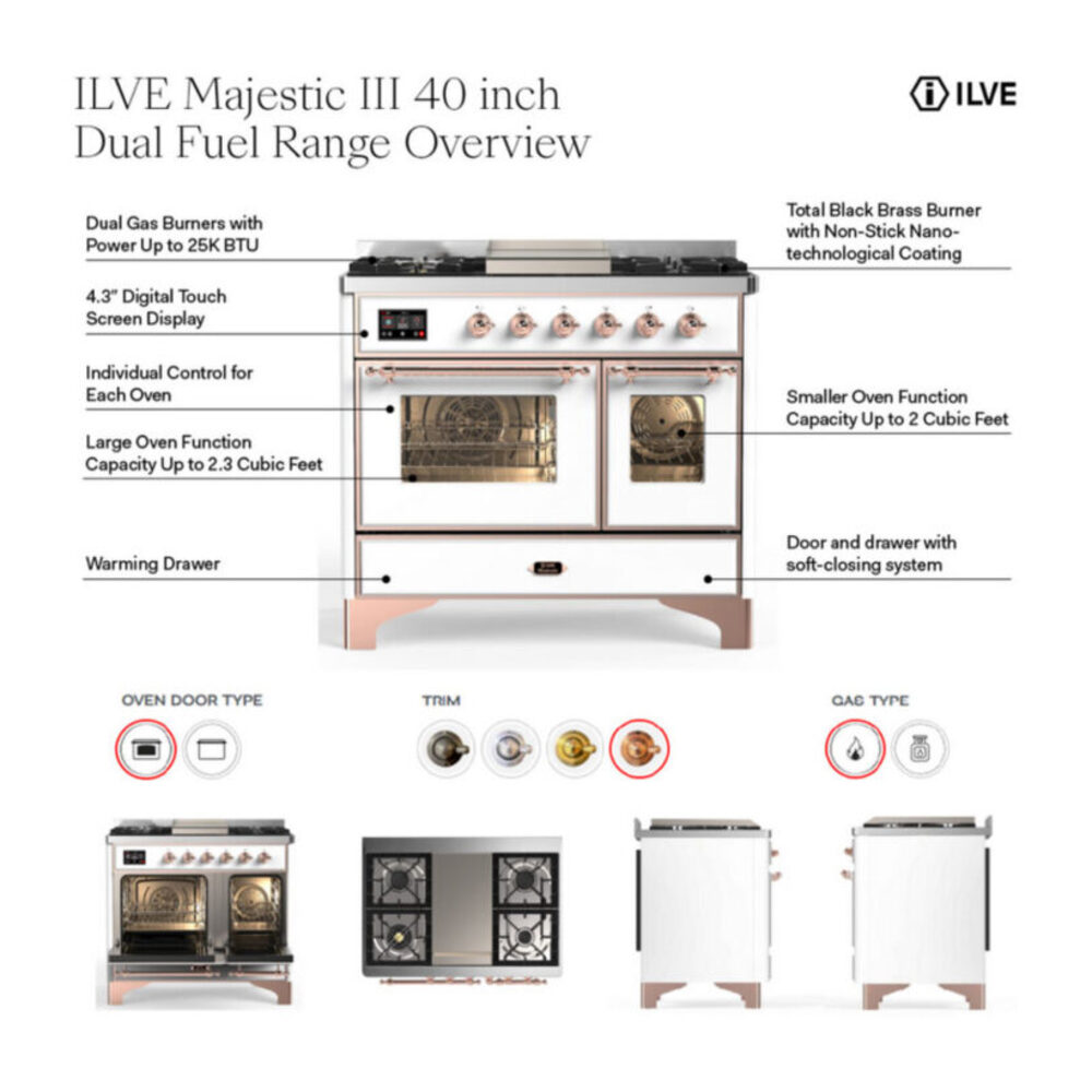 ILVE UMD40F Majestic III 40 inch Dual Fuel Range with 6 Burners and Griddle, Dual Function Burner up to 25,000 BTU
