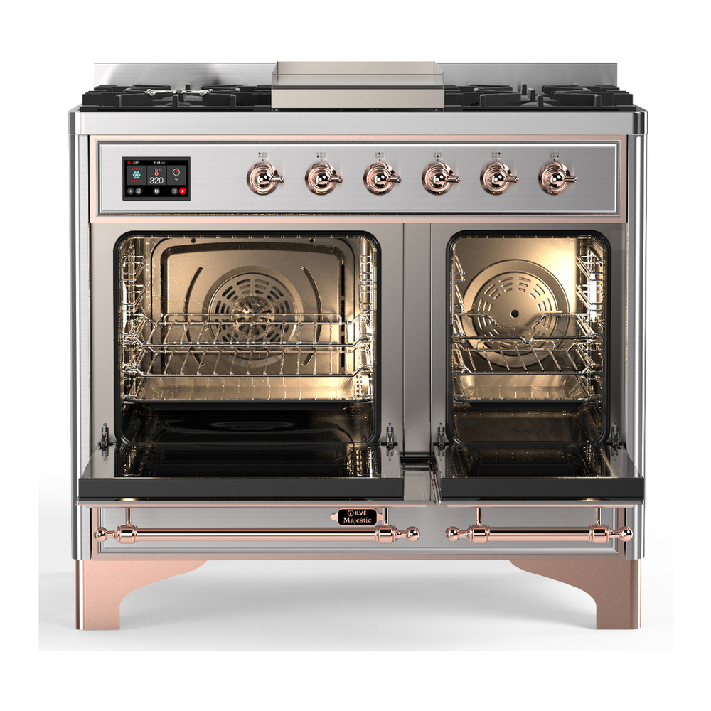 ILVE UMD40FNR3SSP Majestic III 40 inch Dual Fuel Range with 6 Burners and Griddle, Dual Function Burner up to 25,000 BTU (Natural Gas, Triple Glass Door, Stainless Steel, Copper) 2 ILVE-UMD40FNR3SSP-Double Oven Open View