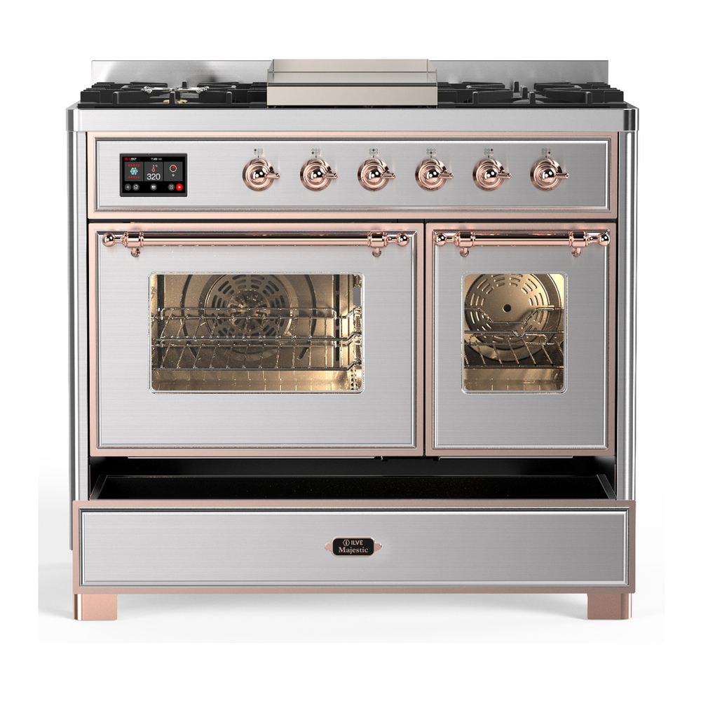 ILVE UMD40FNR3SSP Majestic III 40 inch Dual Fuel Range with 6 Burners and Griddle, Dual Function Burner up to 25,000 BTU (Natural Gas, Triple Glass Door, Stainless Steel, Copper) 5 ILVE-UMD40FNR3SSP-Drawer Open View