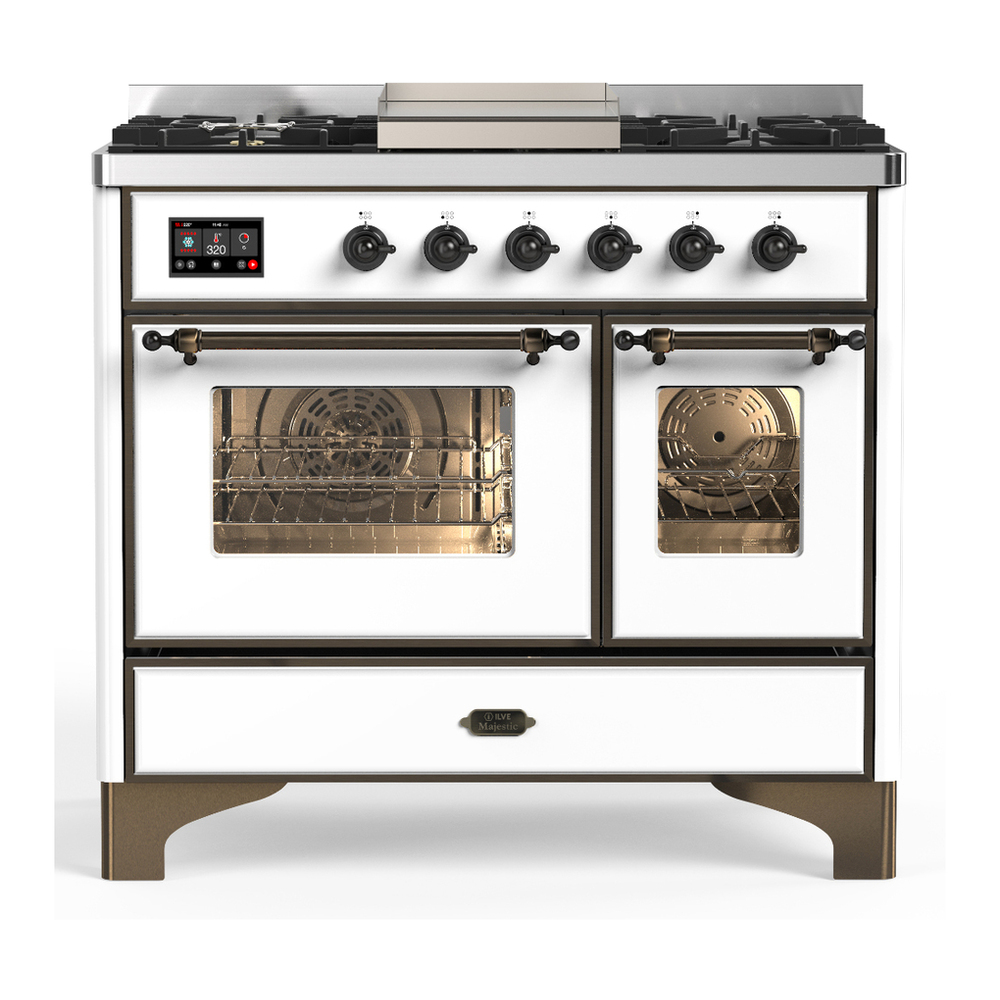 ILVE UMD40FNR3WHBLP Majestic III 40 inch Dual Fuel Range with 6 Burners and Griddle, Dual Function Burner up to 25,000 BTU (Liquid Propane, Triple Glass Door, White, Burnished) 1 UMD40FNR3WHBLP