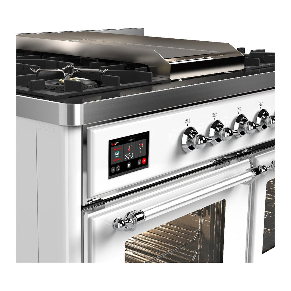 ILVE UMD40FNR3WHCLP Majestic III 40 inch Dual Fuel Range with 6 Burners and Griddle, Dual Function Burner up to 25,000 BTU (Liquid Propane, Triple Glass Door, White, Chrome) 7 ILVE-UMD40FNR3WHCLP-Control Knobs View