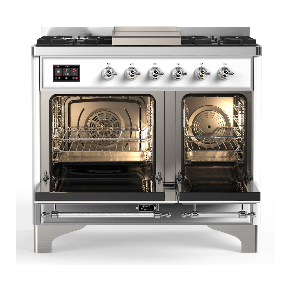 ILVE UMD40FNR3WHCLP Majestic III 40 inch Dual Fuel Range with 6 Burners and Griddle, Dual Function Burner up to 25,000 BTU (Liquid Propane, Triple Glass Door, White, Chrome) 2 ILVE-UMD40FNR3WHCLP-Double Oven Open View