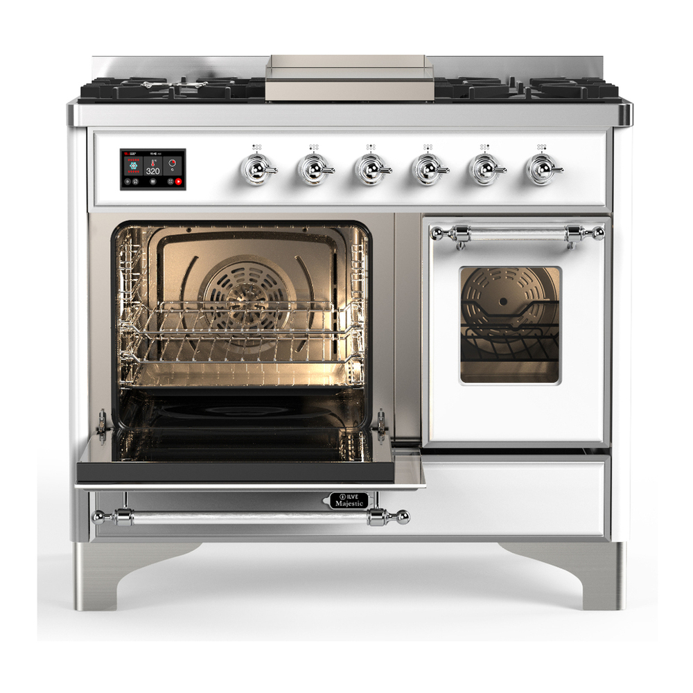 ILVE UMD40FNR3WHCLP Majestic III 40 inch Dual Fuel Range with 6 Burners and Griddle, Dual Function Burner up to 25,000 BTU (Liquid Propane, Triple Glass Door, White, Chrome) 3 ILVE-UMD40FNR3WHCLP-Primary Oven Open View