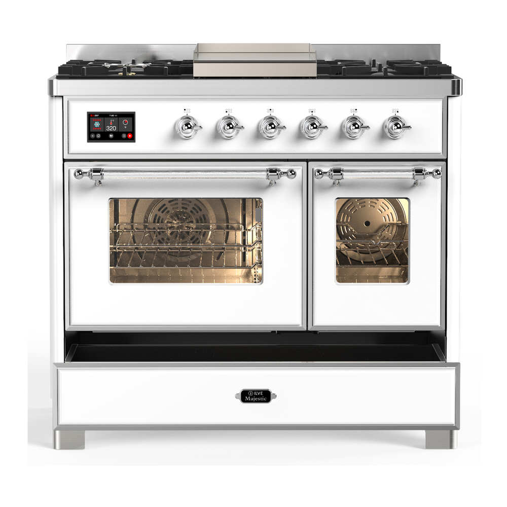 ILVE UMD40FNR3WHCLP Majestic III 40 inch Dual Fuel Range with 6 Burners and Griddle, Dual Function Burner up to 25,000 BTU (Liquid Propane, Triple Glass Door, White, Chrome) 5 ILVE-UMD40FNR3WHCLP-Drawer Open View