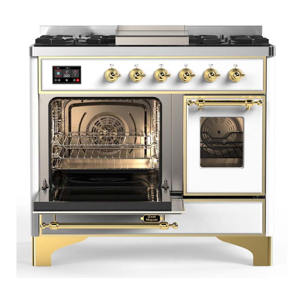 ILVE UMD40FNR3WHGLP Majestic III 40 inch Dual Fuel Range with 6 Burners and Griddle, Dual Function Burner up to 25,000 BTU (Liquid Propane, Triple Glass Door, White, Brass) 3 ILVE-UMD40FNR3WHGLP-Primary Oven Open View