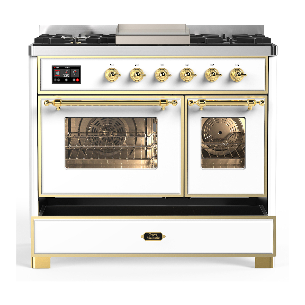 ILVE UMD40FNR3WHGLP Majestic III 40 inch Dual Fuel Range with 6 Burners and Griddle, Dual Function Burner up to 25,000 BTU (Liquid Propane, Triple Glass Door, White, Brass) 5 ILVE-UMD40FNR3WHGLP-Drawer Open View