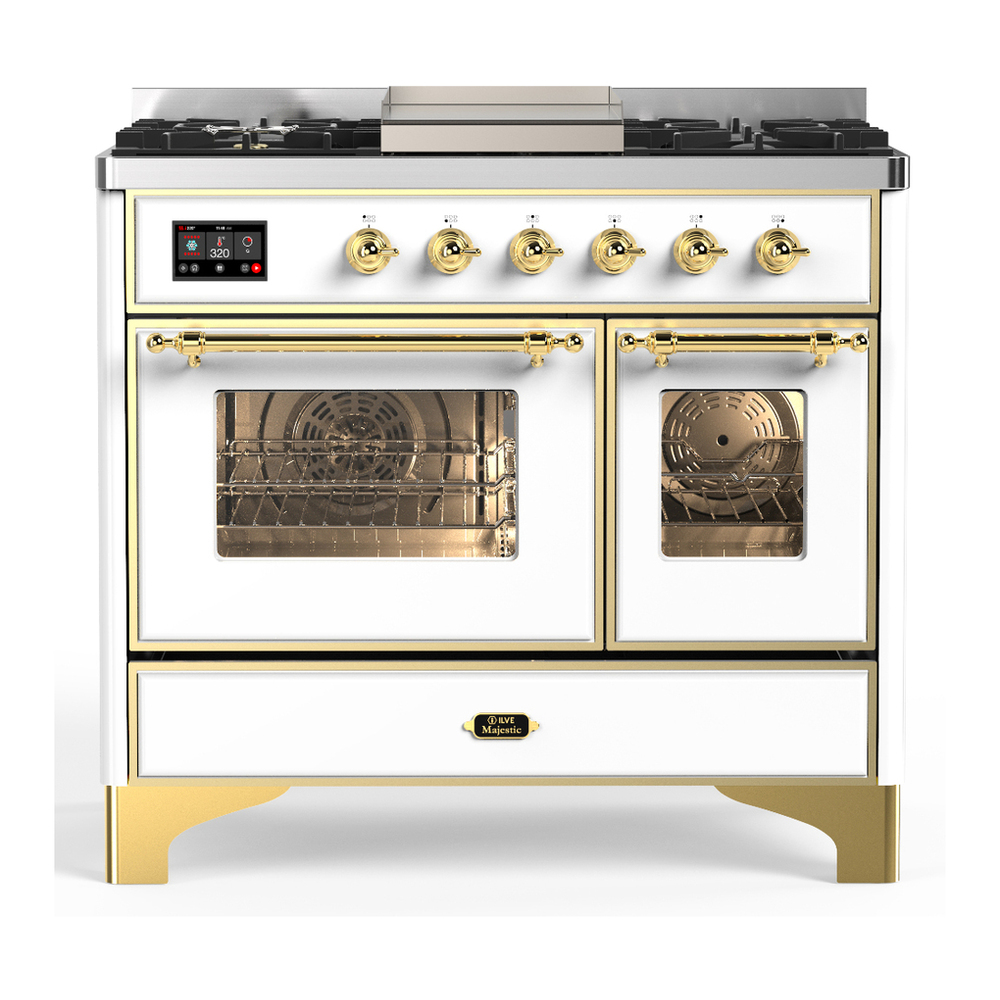 ILVE UMD40FNR3WHG Majestic III 40 inch Dual Fuel Range with 6 Burners and Griddle, Dual Function Burner up to 25,000 BTU (Natural Gas, Triple Glass Door, White, Brass) 1 UMD40FNR3WHG