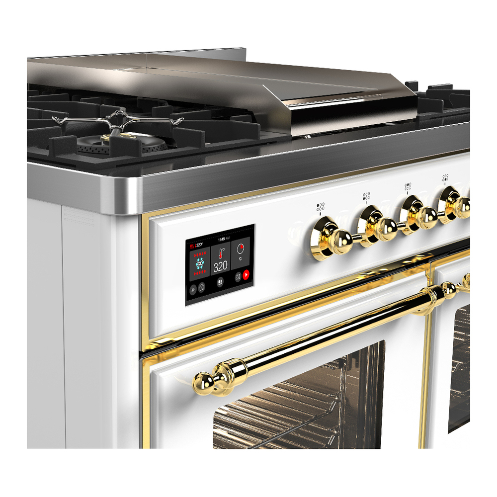 ILVE UMD40FNR3WHG Majestic III 40 inch Dual Fuel Range with 6 Burners and Griddle, Dual Function Burner up to 25,000 BTU (Natural Gas, Triple Glass Door, White, Brass) 7 ILVE-UMD40FNR3WHG-Control Knobs View