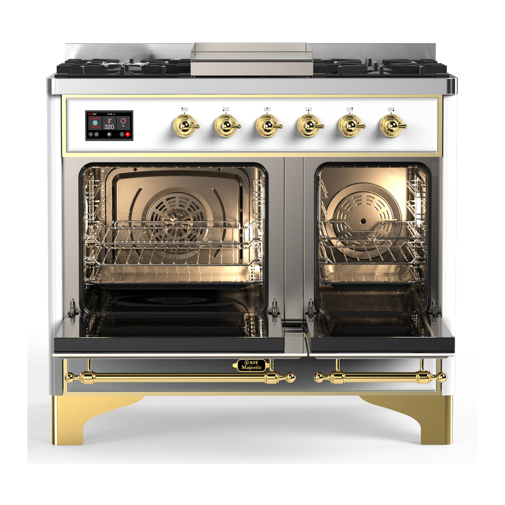 ILVE UMD40FNR3WHG Majestic III 40 inch Dual Fuel Range with 6 Burners and Griddle, Dual Function Burner up to 25,000 BTU (Natural Gas, Triple Glass Door, White, Brass) 2 ILVE-UMD40FNR3WHG-Double Oven Open View