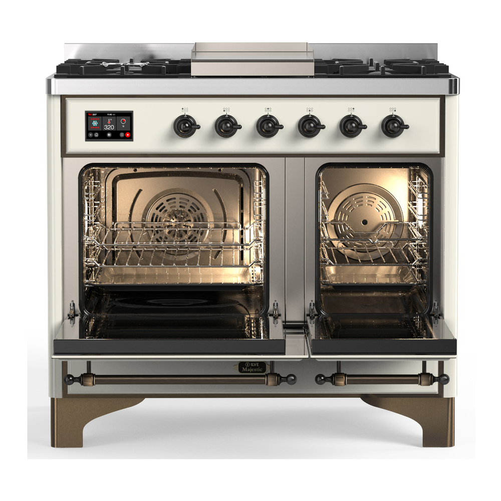 ILVE UMD40FQNR3AWB Majestic III 40 inch Dual Fuel Range with 6 Burners and Griddle, Dual Function Burner up to 25,000 BTU (Natural Gas, Solid Door, Antique White, Burnished) 2 ILVE-UMD40FQNR3AWB-Double Oven Open View