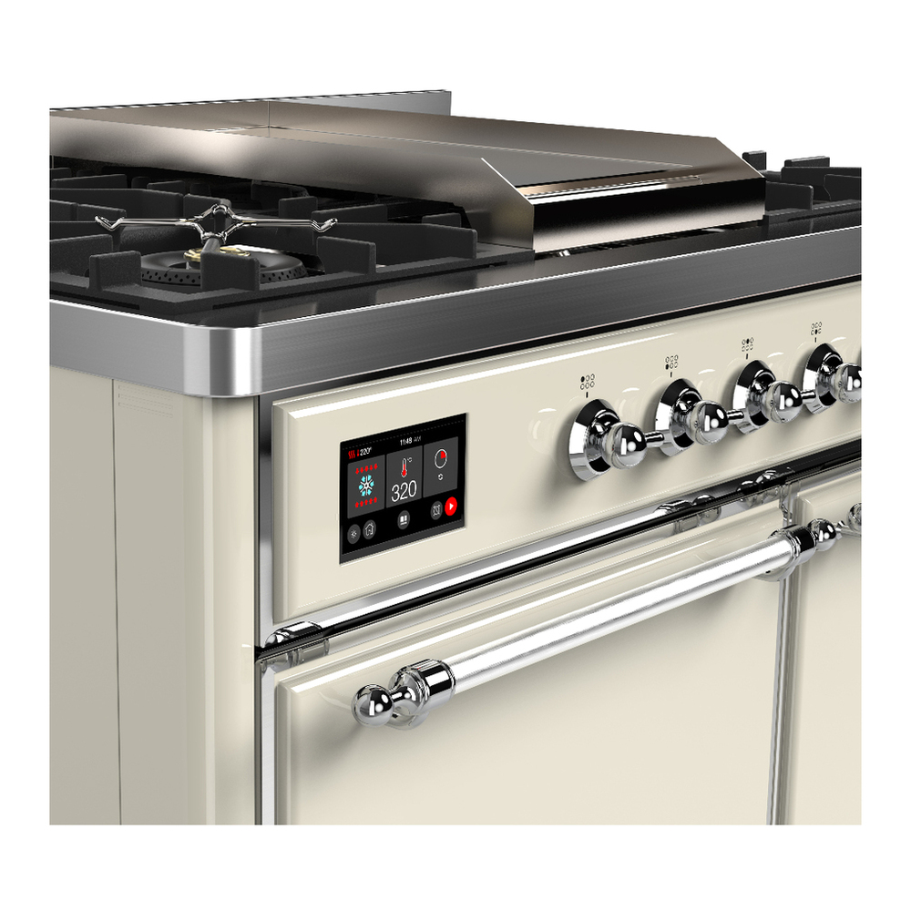 ILVE UMD40FQNR3AWC Majestic III 40 inch Dual Fuel Range with 6 Burners and Griddle, Dual Function Burner up to 25,000 BTU (Natural Gas, Solid Door, Antique White, Chrome) 7 ILVE-UMD40FQNR3AWC-Control Knobs View