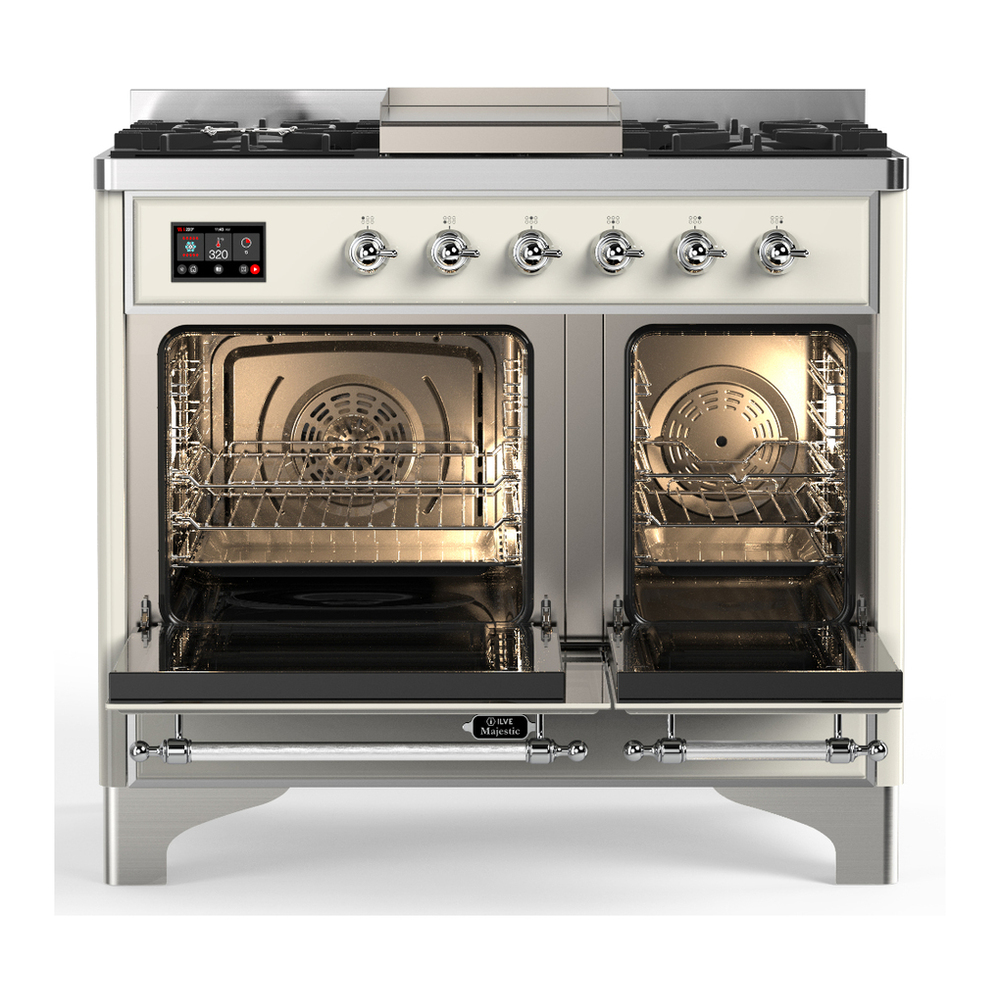 ILVE UMD40FQNR3AWC Majestic III 40 inch Dual Fuel Range with 6 Burners and Griddle, Dual Function Burner up to 25,000 BTU (Natural Gas, Solid Door, Antique White, Chrome) 2 ILVE-UMD40FQNR3AWC-Double Oven Open View