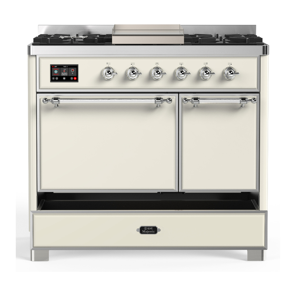 ILVE UMD40FQNR3AWC Majestic III 40 inch Dual Fuel Range with 6 Burners and Griddle, Dual Function Burner up to 25,000 BTU (Natural Gas, Solid Door, Antique White, Chrome) 5 ILVE-UMD40FQNR3AWC-Drawer Open View