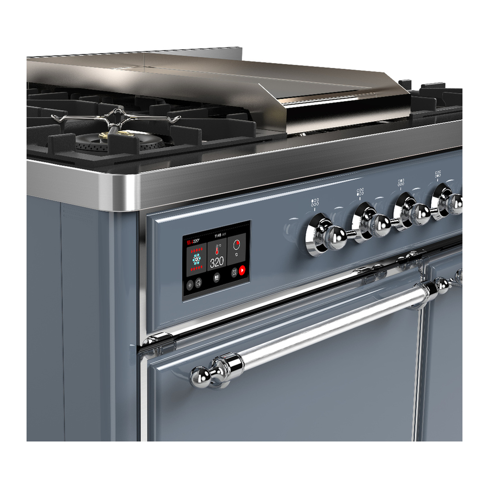 ILVE UMD40FQNR3BGC Majestic III 40 inch Dual Fuel Range with 6 Burners and Griddle, Dual Function Burner up to 25,000 BTU (Natural Gas, Solid Door, Blue Grey, Chrome) 7 ILVE-UMD40FQNR3BGC-Control Knobs View