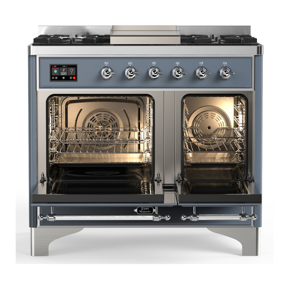 ILVE UMD40FQNR3BGC Majestic III 40 inch Dual Fuel Range with 6 Burners and Griddle, Dual Function Burner up to 25,000 BTU (Natural Gas, Solid Door, Blue Grey, Chrome) 2 ILVE-UMD40FQNR3BGC-Double Oven Open View