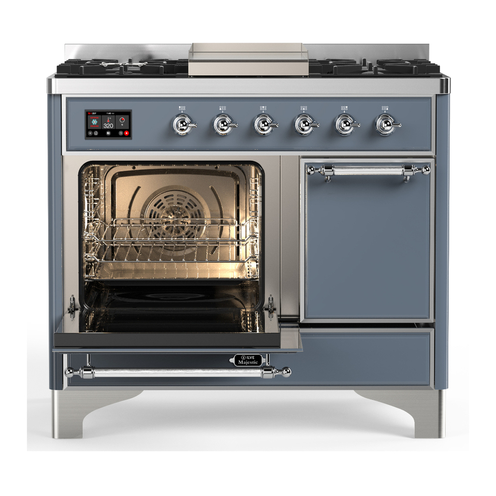 ILVE UMD40FQNR3BGC Majestic III 40 inch Dual Fuel Range with 6 Burners and Griddle, Dual Function Burner up to 25,000 BTU (Natural Gas, Solid Door, Blue Grey, Chrome) 3 ILVE-UMD40FQNR3BGC-Primary Oven Open View