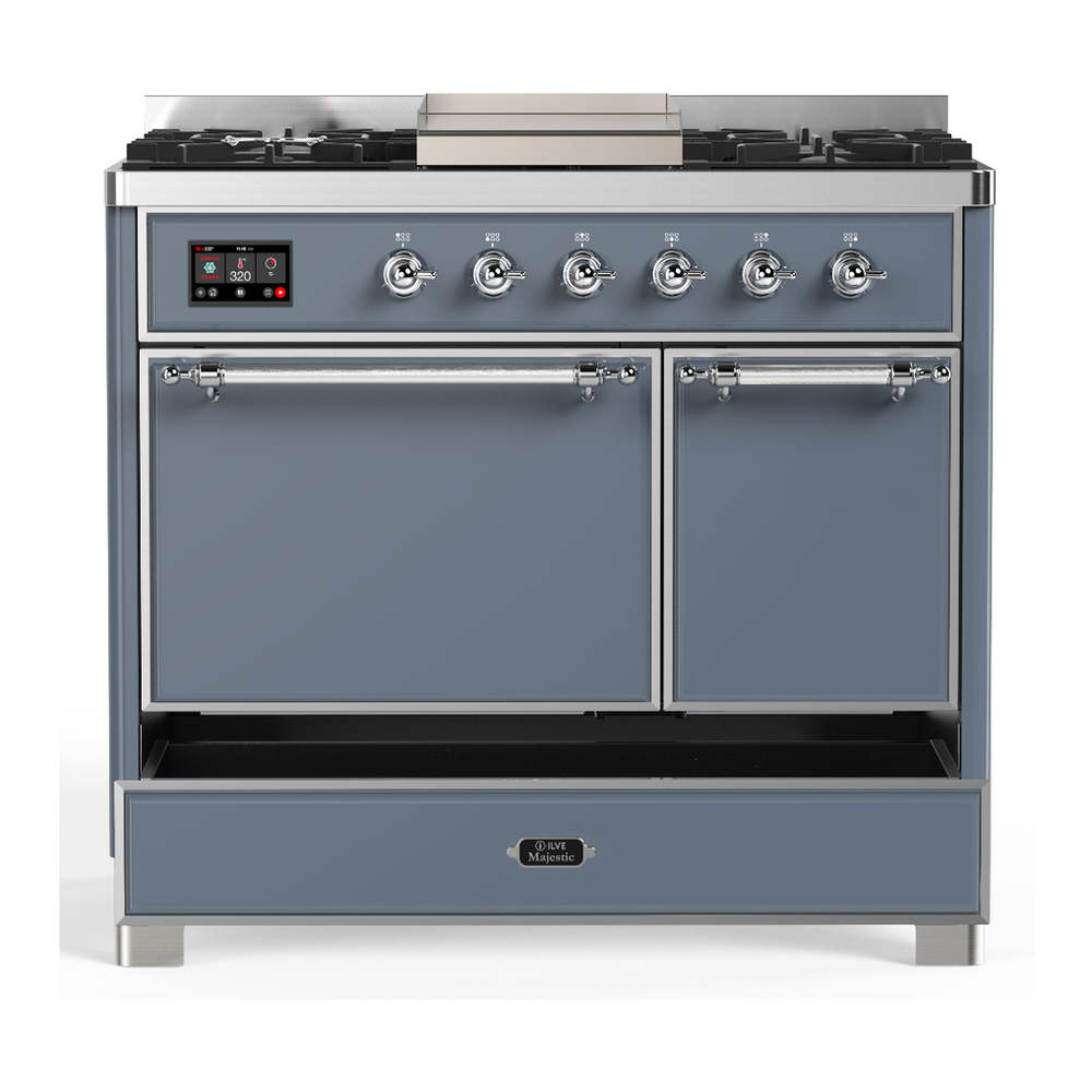 ILVE UMD40FQNR3BGC Majestic III 40 inch Dual Fuel Range with 6 Burners and Griddle, Dual Function Burner up to 25,000 BTU (Natural Gas, Solid Door, Blue Grey, Chrome) 5 ILVE-UMD40FQNR3BGC-Drawer Open View