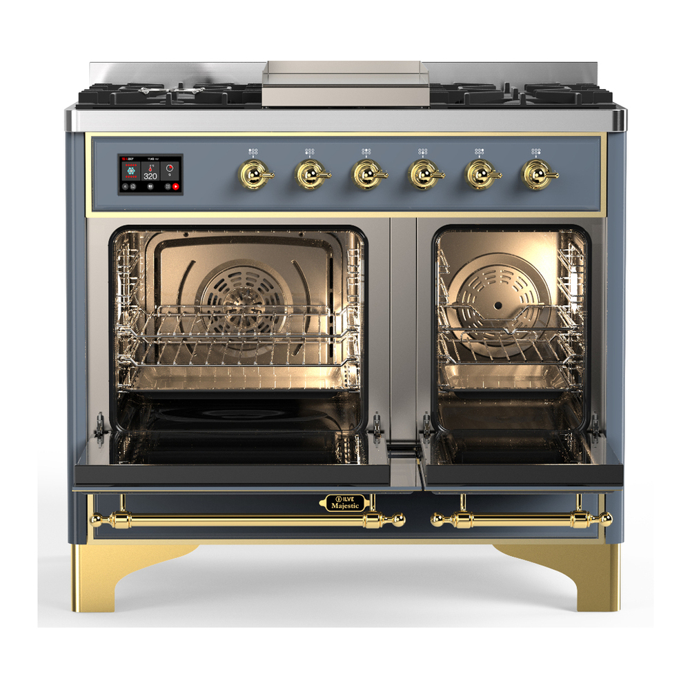 ILVE UMD40FQNR3BGG Majestic III 40 inch Dual Fuel Range with 6 Burners and Griddle, Dual Function Burner up to 25,000 BTU (Natural Gas, Solid Door, Blue Grey, Brass) 2 ILVE-UMD40FQNR3BGG-Double Oven Open View