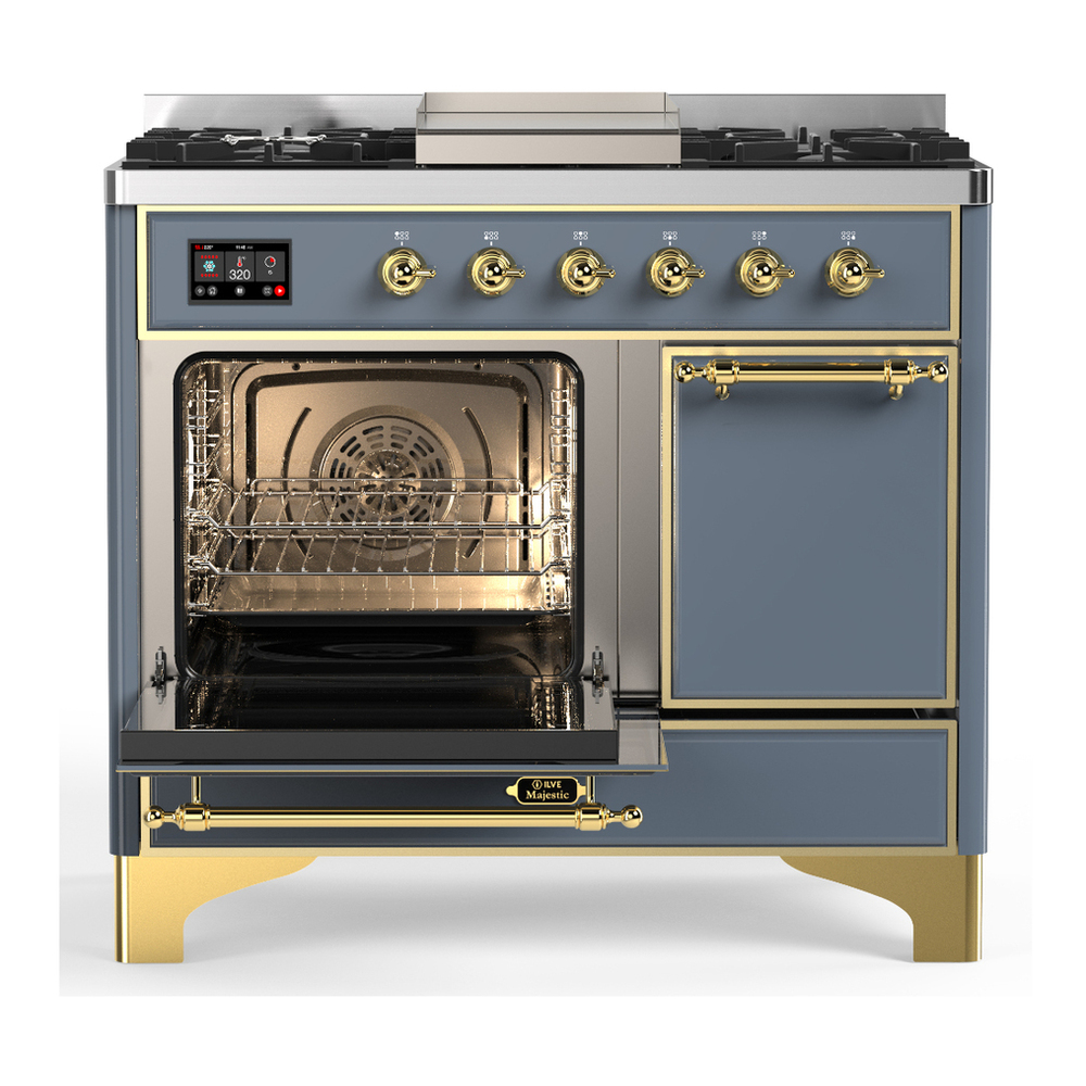 ILVE UMD40FQNR3BGG Majestic III 40 inch Dual Fuel Range with 6 Burners and Griddle, Dual Function Burner up to 25,000 BTU (Natural Gas, Solid Door, Blue Grey, Brass) 3 ILVE-UMD40FQNR3BGG-Primary Oven Open View