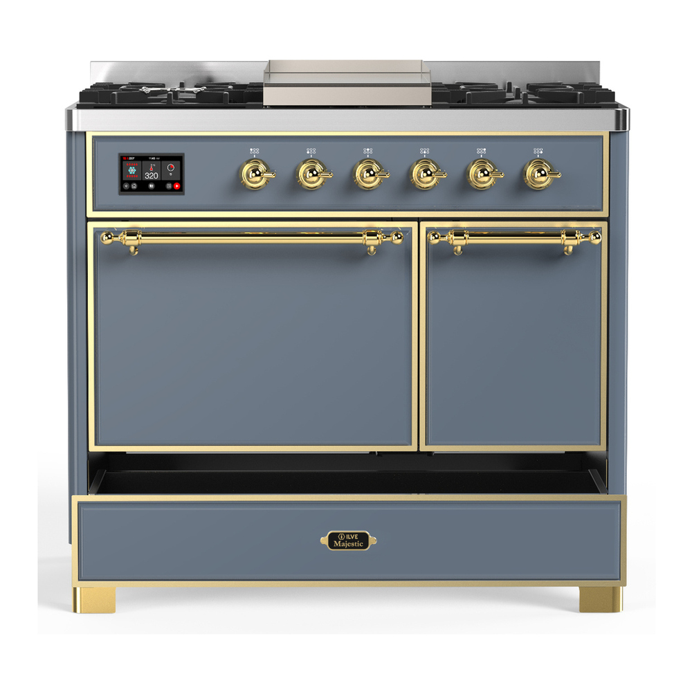 ILVE UMD40FQNR3BGG Majestic III 40 inch Dual Fuel Range with 6 Burners and Griddle, Dual Function Burner up to 25,000 BTU (Natural Gas, Solid Door, Blue Grey, Brass) 5 ILVE-UMD40FQNR3BGG-Drawer Open View