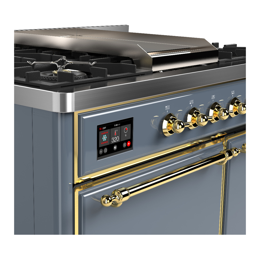 ILVE UMD40FQNR3BGG Majestic III 40 inch Dual Fuel Range with 6 Burners and Griddle, Dual Function Burner up to 25,000 BTU (Natural Gas, Solid Door, Blue Grey, Brass) 7 ILVE-UMD40FQNR3BGG-Control Knobs View