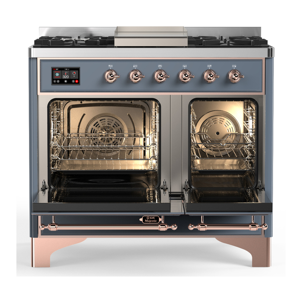 ILVE UMD40FQNR3BGP Majestic III 40 inch Dual Fuel Range with 6 Burners and Griddle, Dual Function Burner up to 25,000 BTU (Natural Gas, Solid Door, Blue Grey, Copper) 2 ILVE-UMD40FQNR3BGP-Double Oven Open View