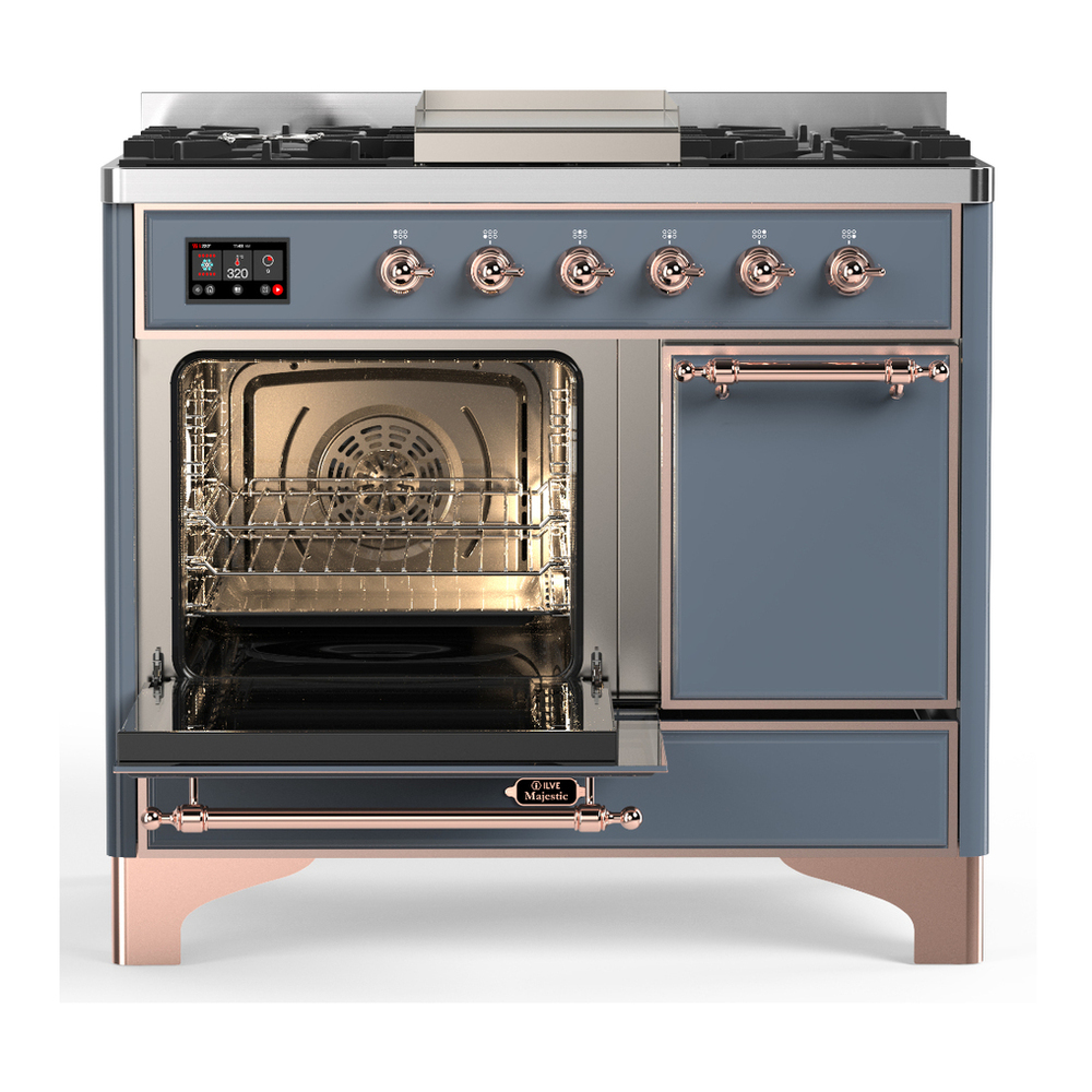 ILVE UMD40FQNR3BGP Majestic III 40 inch Dual Fuel Range with 6 Burners and Griddle, Dual Function Burner up to 25,000 BTU (Natural Gas, Solid Door, Blue Grey, Copper) 3 ILVE-UMD40FQNR3BGP-Primary Oven Open View