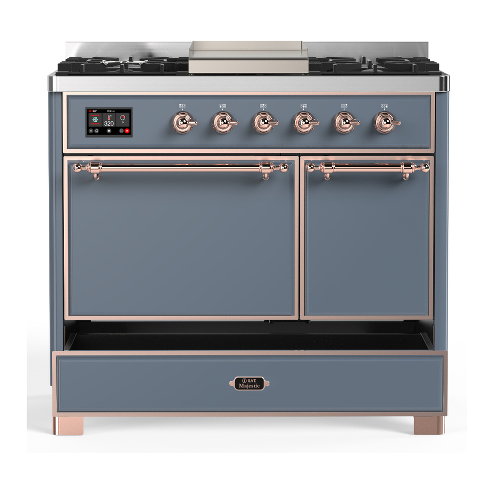 ILVE UMD40FQNR3BGP Majestic III 40 inch Dual Fuel Range with 6 Burners and Griddle, Dual Function Burner up to 25,000 BTU (Natural Gas, Solid Door, Blue Grey, Copper) 5 ILVE-UMD40FQNR3BGP-Drawer Open View