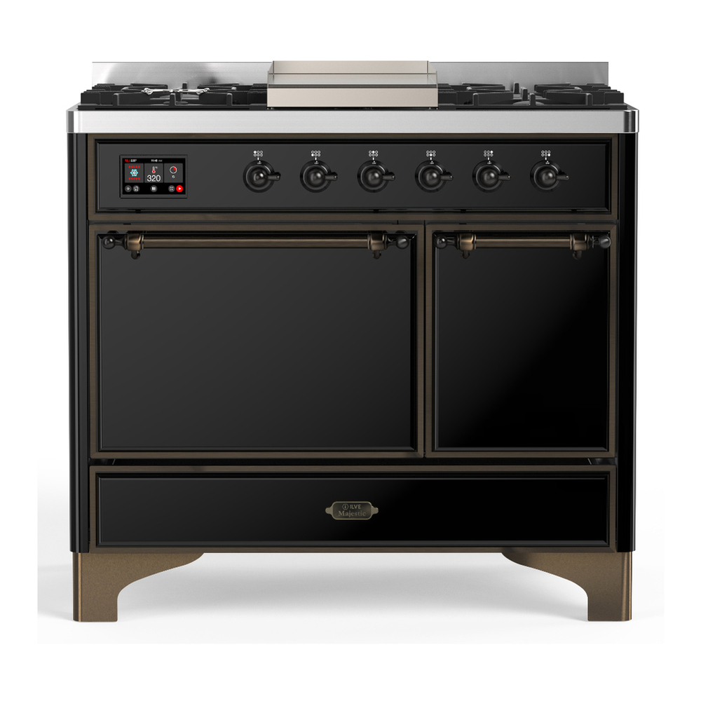 ILVE UMD40FQNR3BKB Majestic III 40 inch Dual Fuel Range with 6 Burners and Griddle, Dual Function Burner up to 25,000 BTU (Natural Gas, Solid Door, Glossy Black, Burnished) 1 UMD40FQNR3BKB