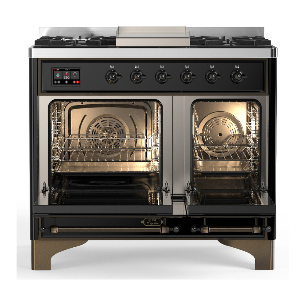 ILVE UMD40FQNR3BKB Majestic III 40 inch Dual Fuel Range with 6 Burners and Griddle, Dual Function Burner up to 25,000 BTU (Natural Gas, Solid Door, Glossy Black, Burnished) 2 ILVE-UMD40FQNR3BKB-Double Oven Open View