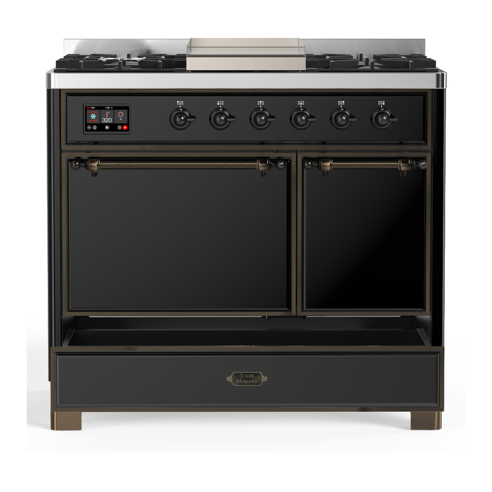 ILVE UMD40FQNR3BKB Majestic III 40 inch Dual Fuel Range with 6 Burners and Griddle, Dual Function Burner up to 25,000 BTU (Natural Gas, Solid Door, Glossy Black, Burnished) 5 ILVE-UMD40FQNR3BKB-Drawer Open View