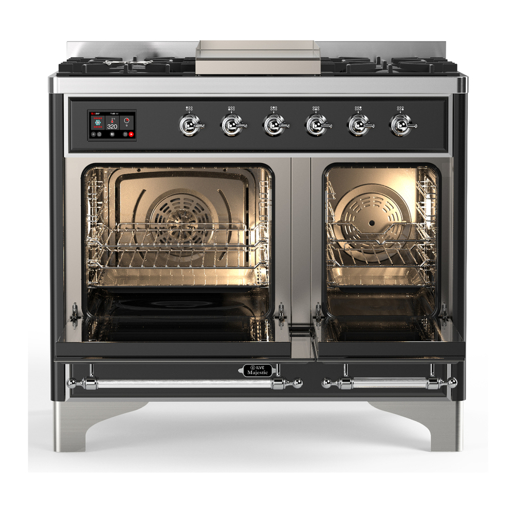 ILVE UMD40FQNR3BKC Majestic III 40 inch Dual Fuel Range with 6 Burners and Griddle, Dual Function Burner up to 25,000 BTU (Natural Gas, Solid Door, Glossy Black, Chrome) 2 ILVE-UMD40FQNR3BKC-Double Oven Open View
