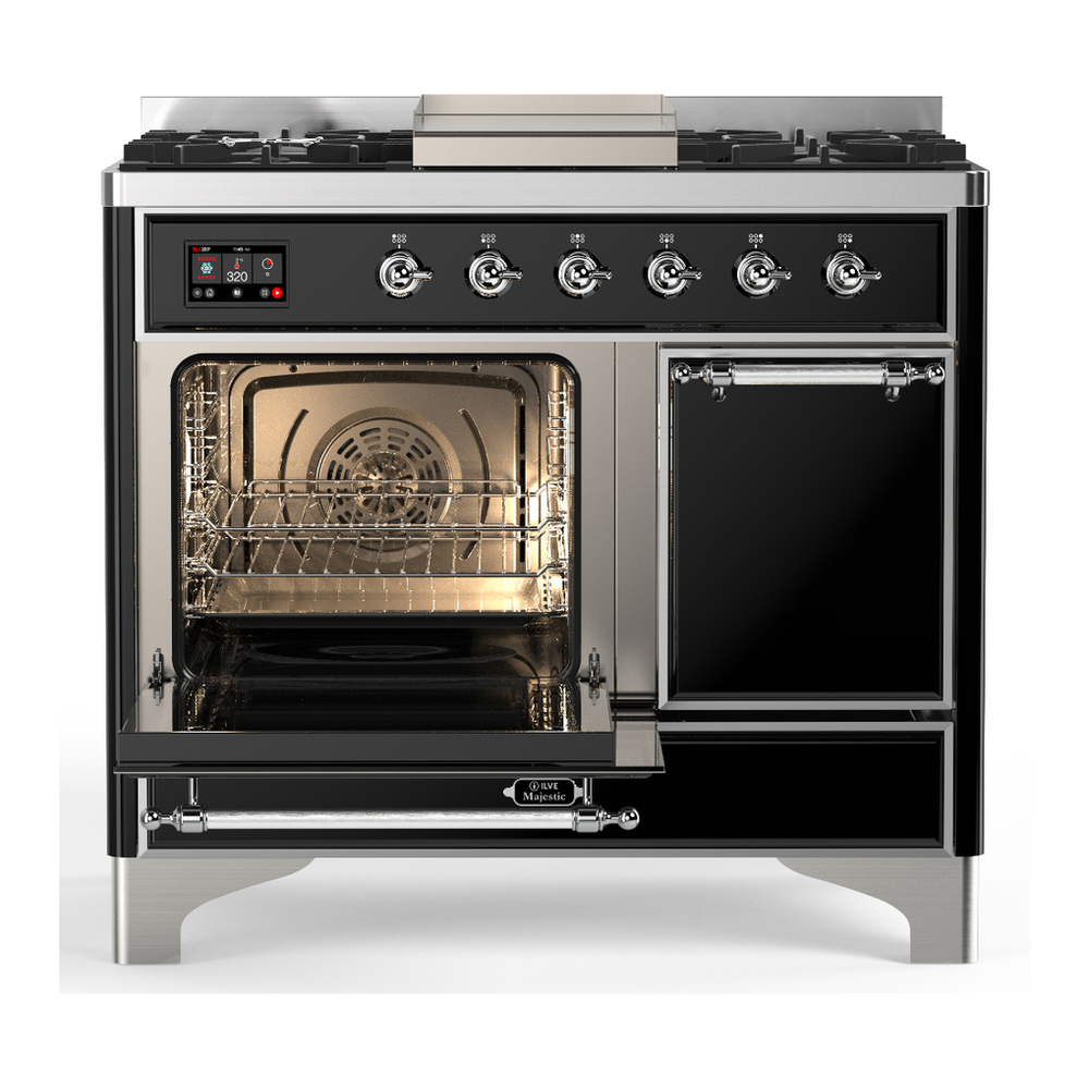 ILVE UMD40FQNR3BKC Majestic III 40 inch Dual Fuel Range with 6 Burners and Griddle, Dual Function Burner up to 25,000 BTU (Natural Gas, Solid Door, Glossy Black, Chrome) 3 ILVE-UMD40FQNR3BKC-Primary Oven Open View