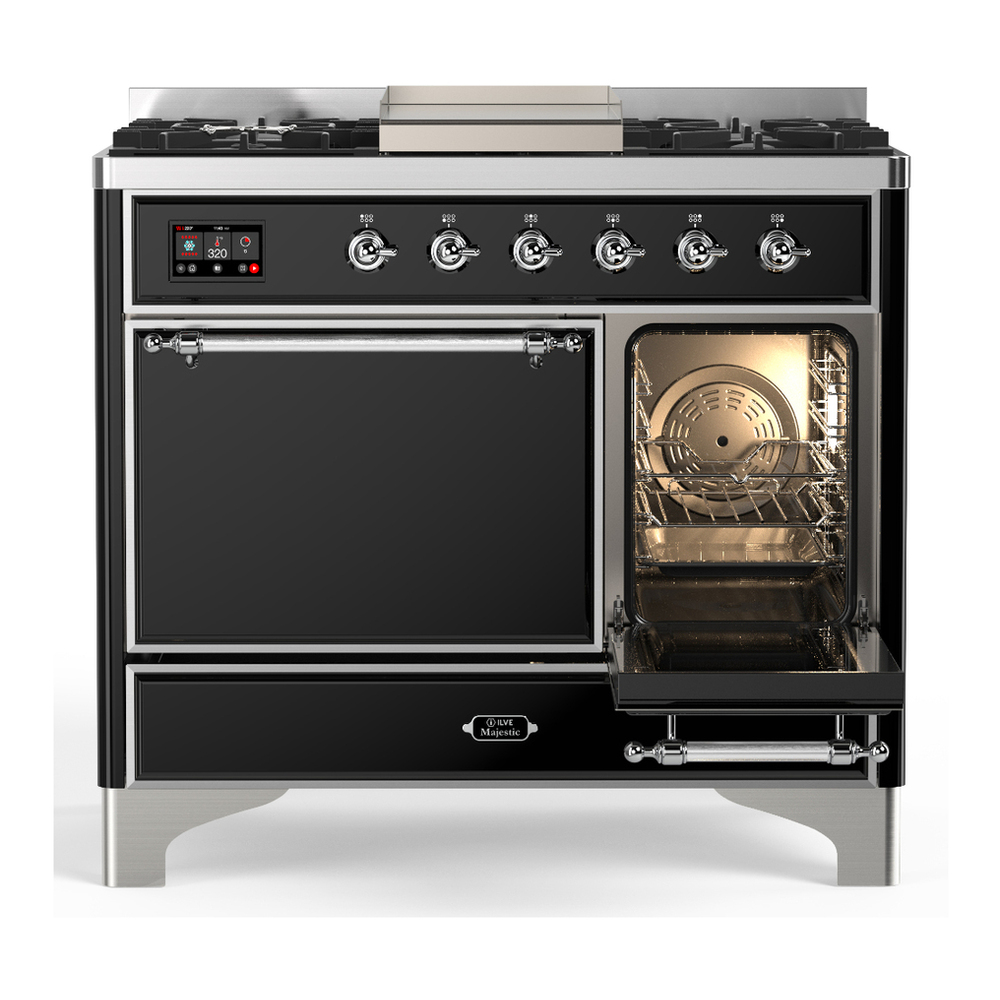 ILVE UMD40FQNR3BKC Majestic III 40 inch Dual Fuel Range with 6 Burners and Griddle, Dual Function Burner up to 25,000 BTU (Natural Gas, Solid Door, Glossy Black, Chrome) 4 ILVE-UMD40FQNR3BKC-Secondary Oven Open View
