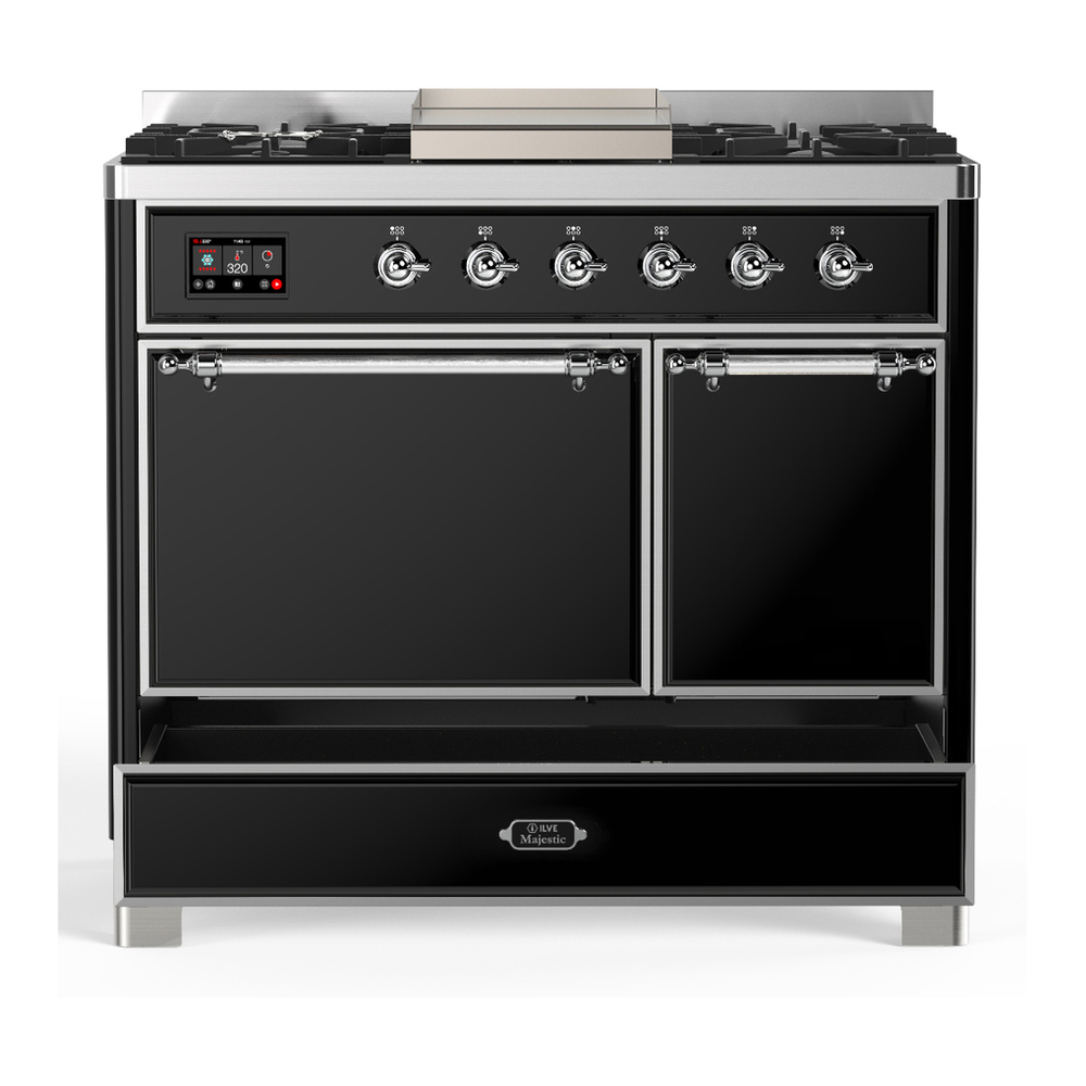 ILVE UMD40FQNR3BKC Majestic III 40 inch Dual Fuel Range with 6 Burners and Griddle, Dual Function Burner up to 25,000 BTU (Natural Gas, Solid Door, Glossy Black, Chrome) 5 ILVE-UMD40FQNR3BKC-Drawer Open View