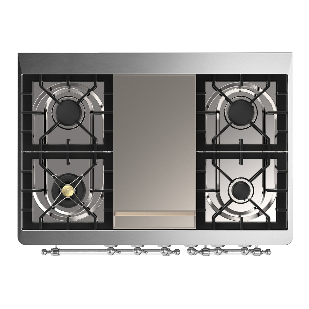 ILVE UMD40FQNR3BKC Majestic III 40 inch Dual Fuel Range with 6 Burners and Griddle, Dual Function Burner up to 25,000 BTU (Natural Gas, Solid Door, Glossy Black, Chrome) 6 ILVE-UMD40FQNR3BKC-Top View