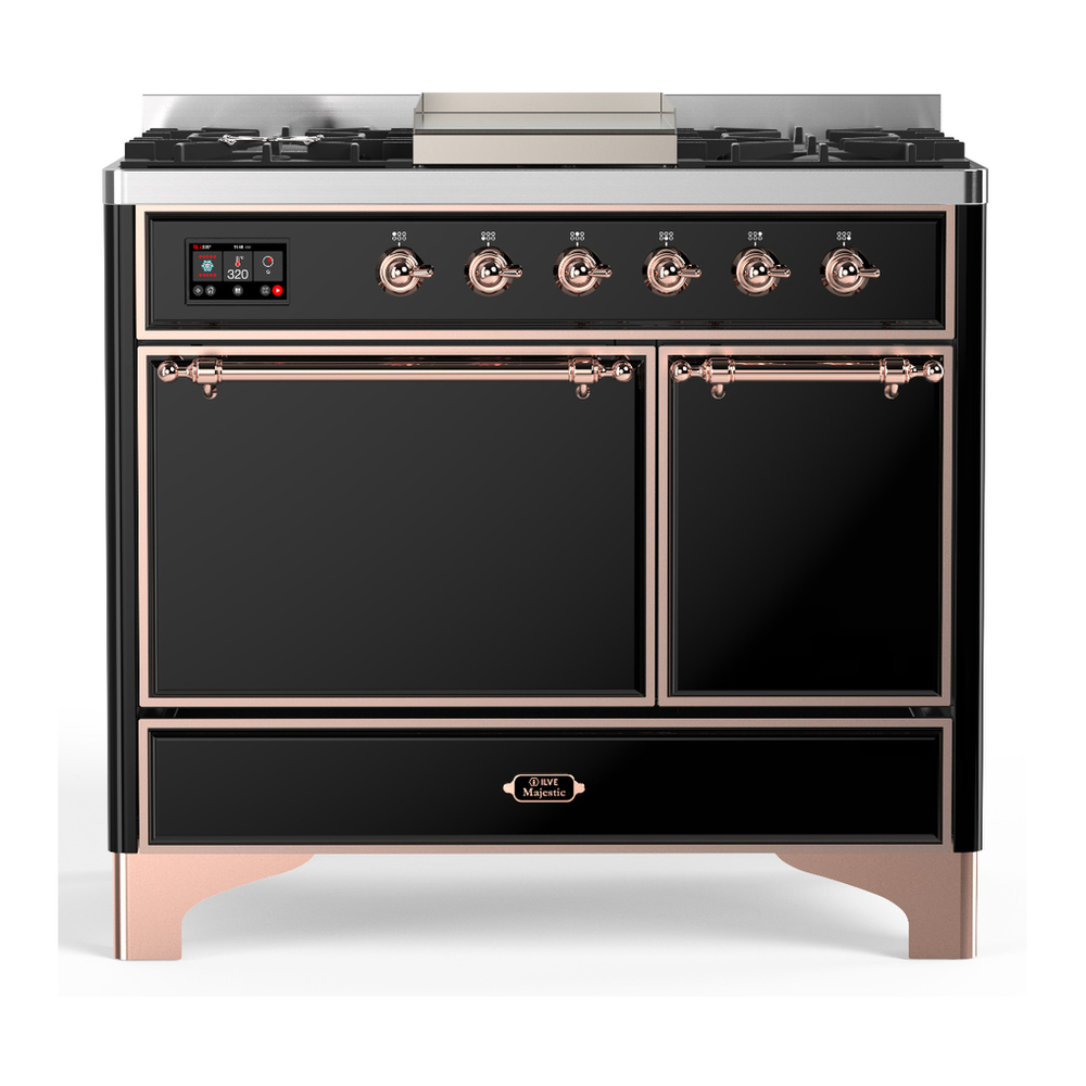 ILVE UMD40FQNR3BKP Majestic III 40 inch Dual Fuel Range with 6 Burners and Griddle, Dual Function Burner up to 25,000 BTU (Natural Gas, Solid Door, Glossy Black, Copper) 1 UMD40FQNR3BKP