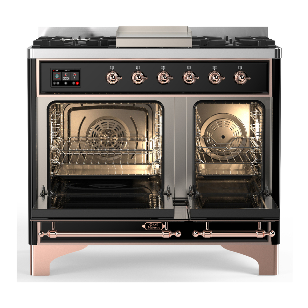 ILVE UMD40FQNR3BKP Majestic III 40 inch Dual Fuel Range with 6 Burners and Griddle, Dual Function Burner up to 25,000 BTU (Natural Gas, Solid Door, Glossy Black, Copper) 2 ILVE-UMD40FQNR3BKP-Double Oven Open View